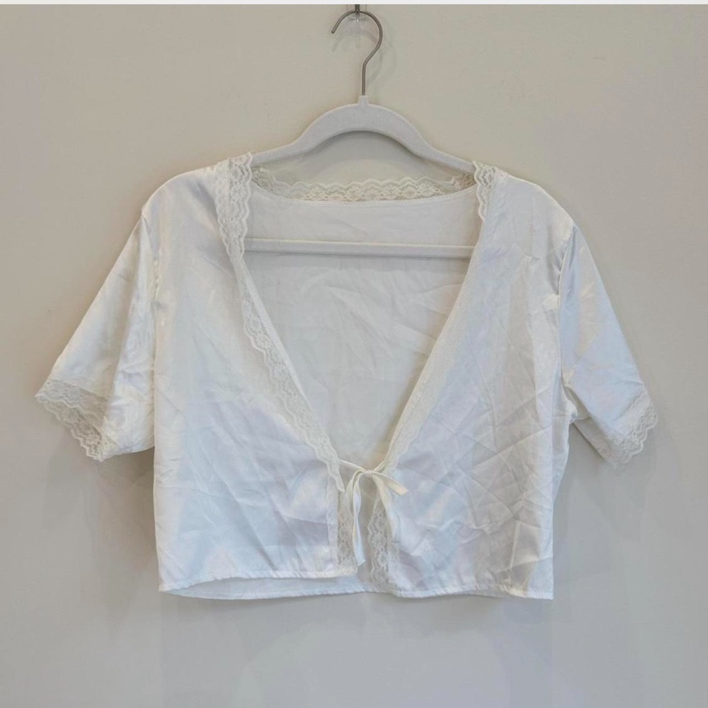 White Satin Tie-Front Lace Trim Crop Top - Romantic Cottagecore Style